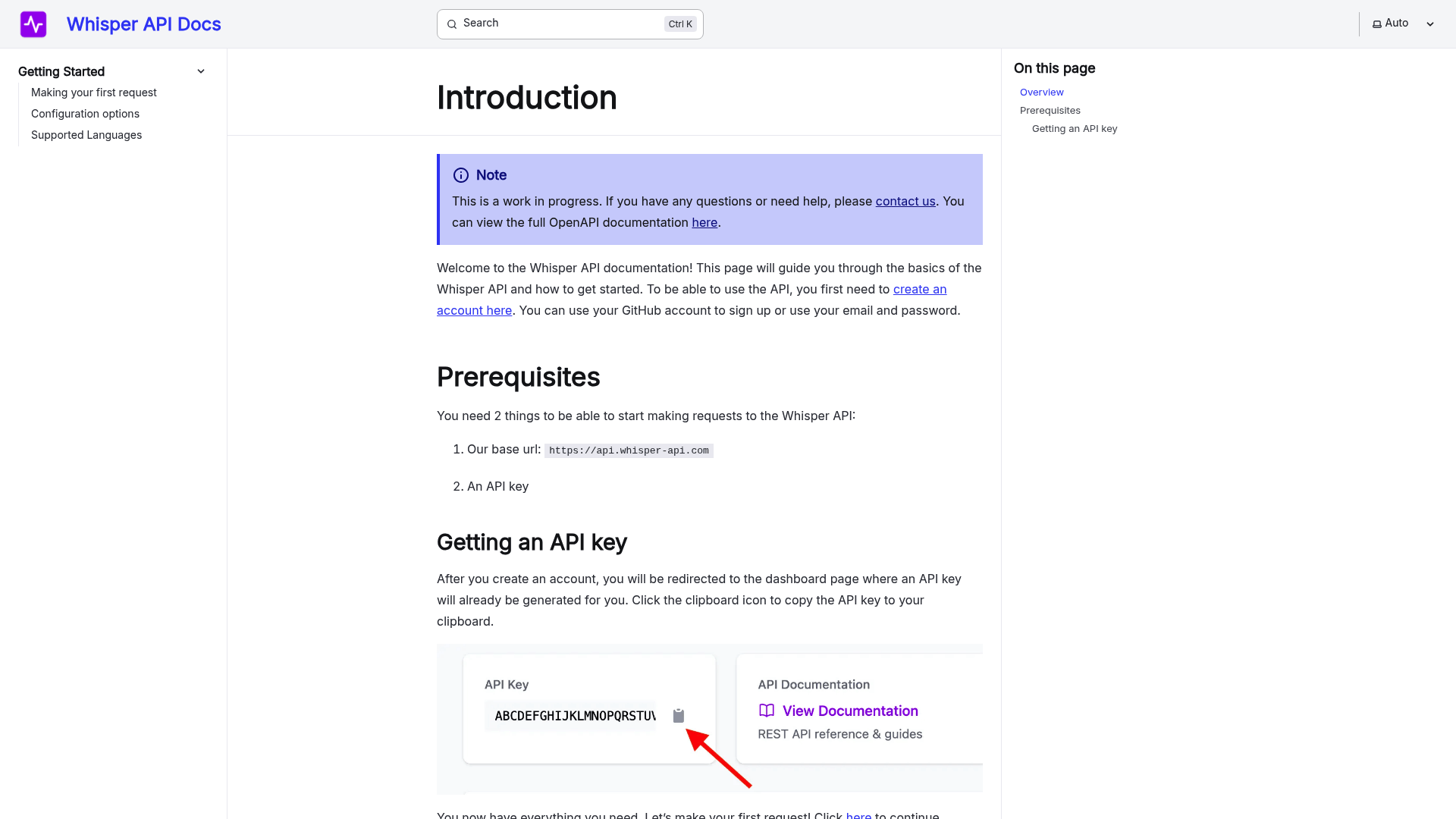 Screenshot: API documentation introduction with base URL and example curl request.