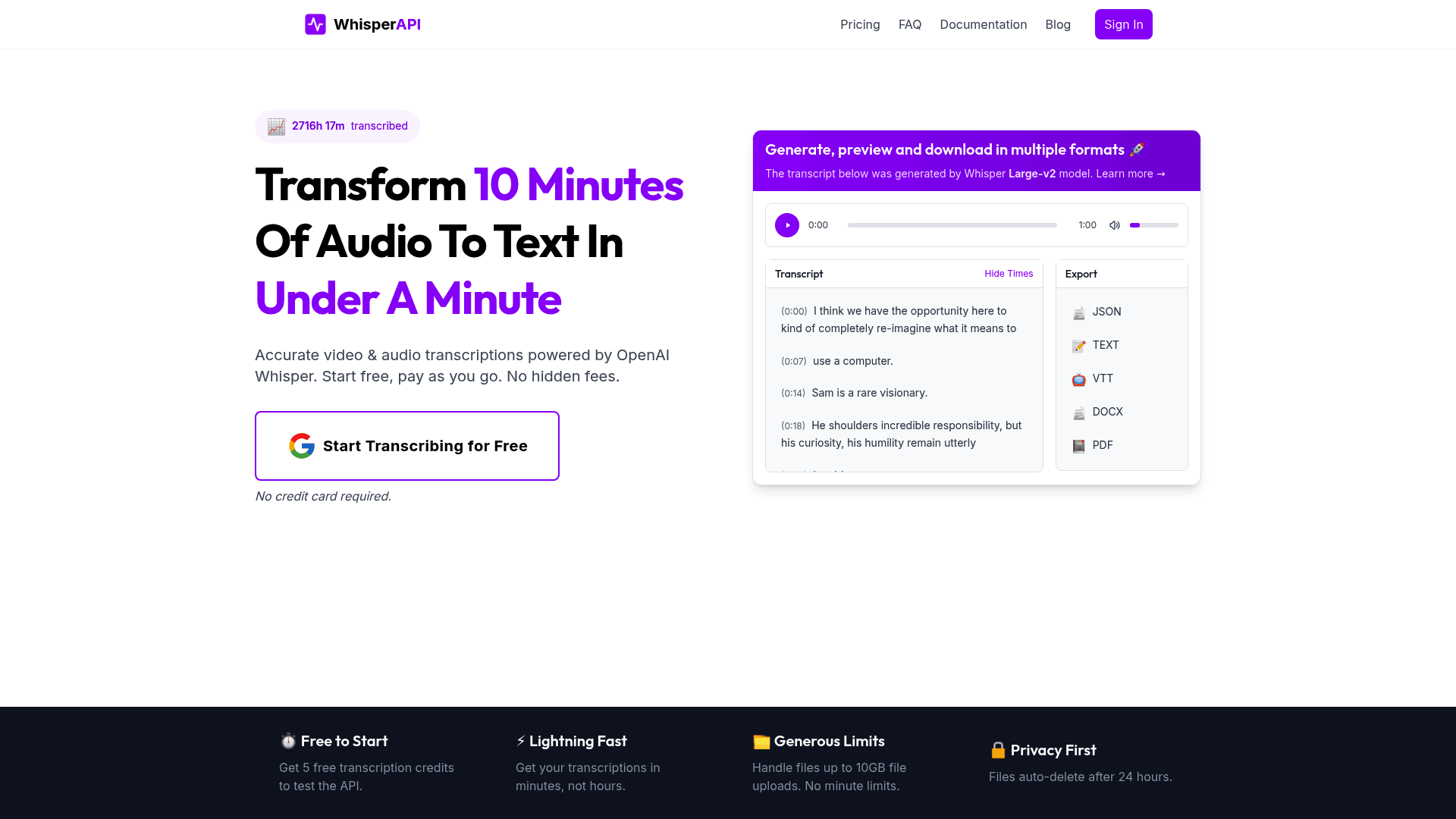 Screenshot: Features grid displaying Free tier, Lightning Fast, Generous Limits, and Privacy First.