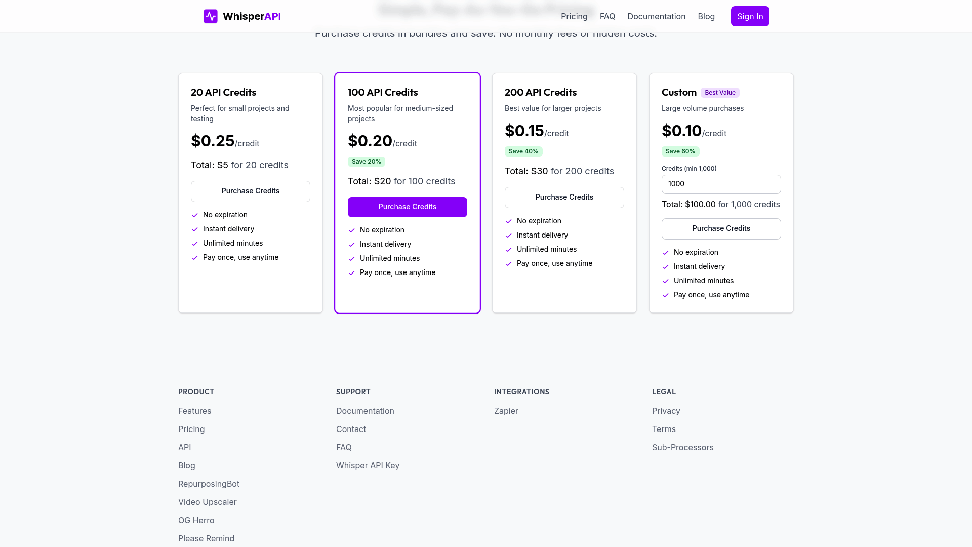 Screenshot: Pricing table showing credit bundles and per‑credit rates.
