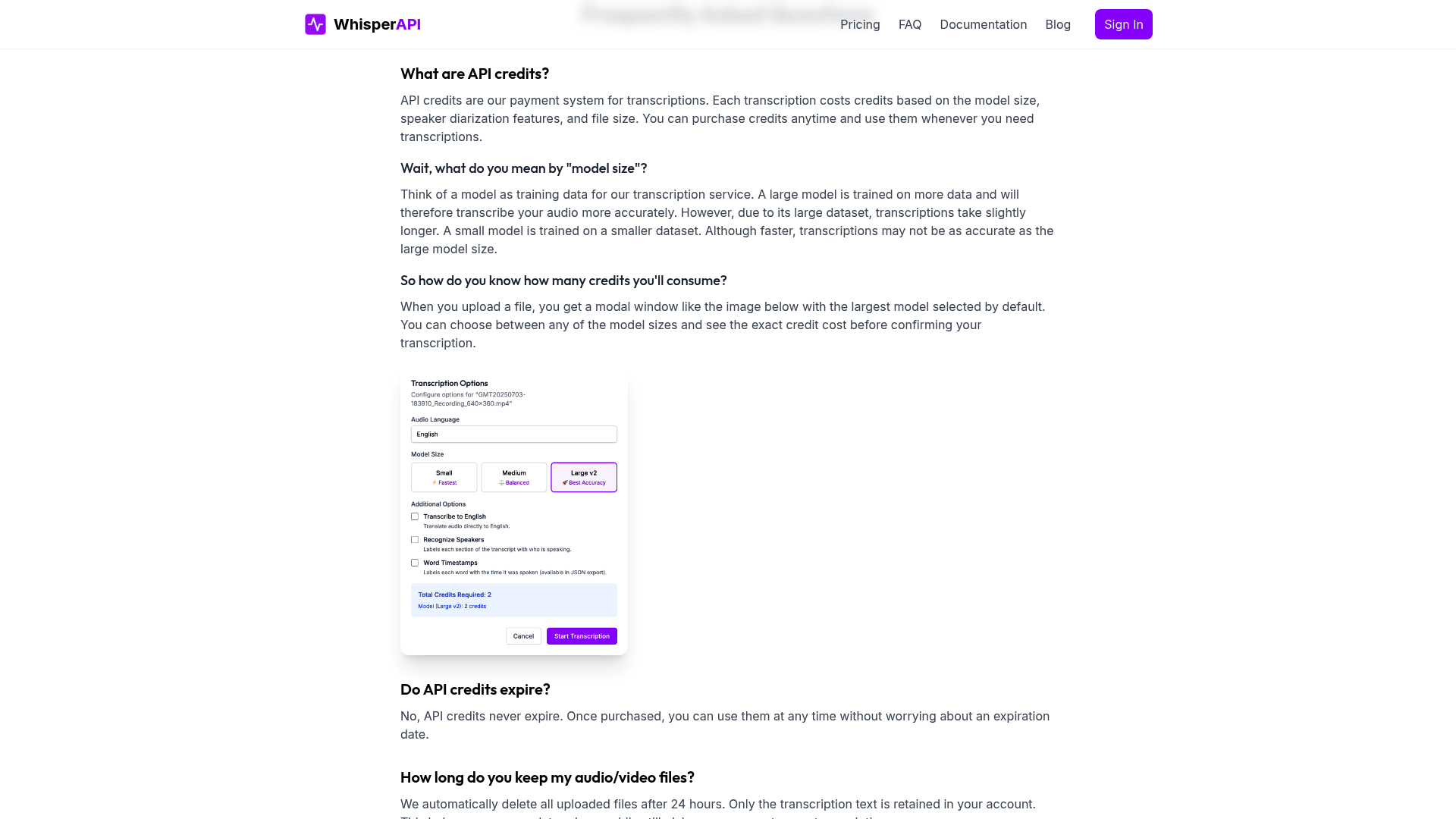 Screenshot: FAQ excerpt highlighting file‑deletion after 24 hours and supported file formats.