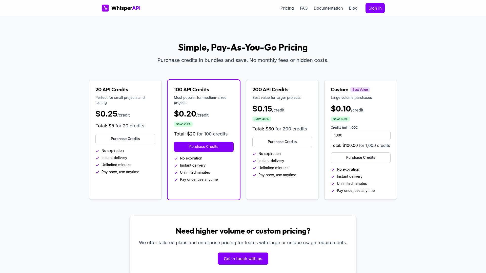 Screenshot: Pricing table showing credit bundles and cost per credit.